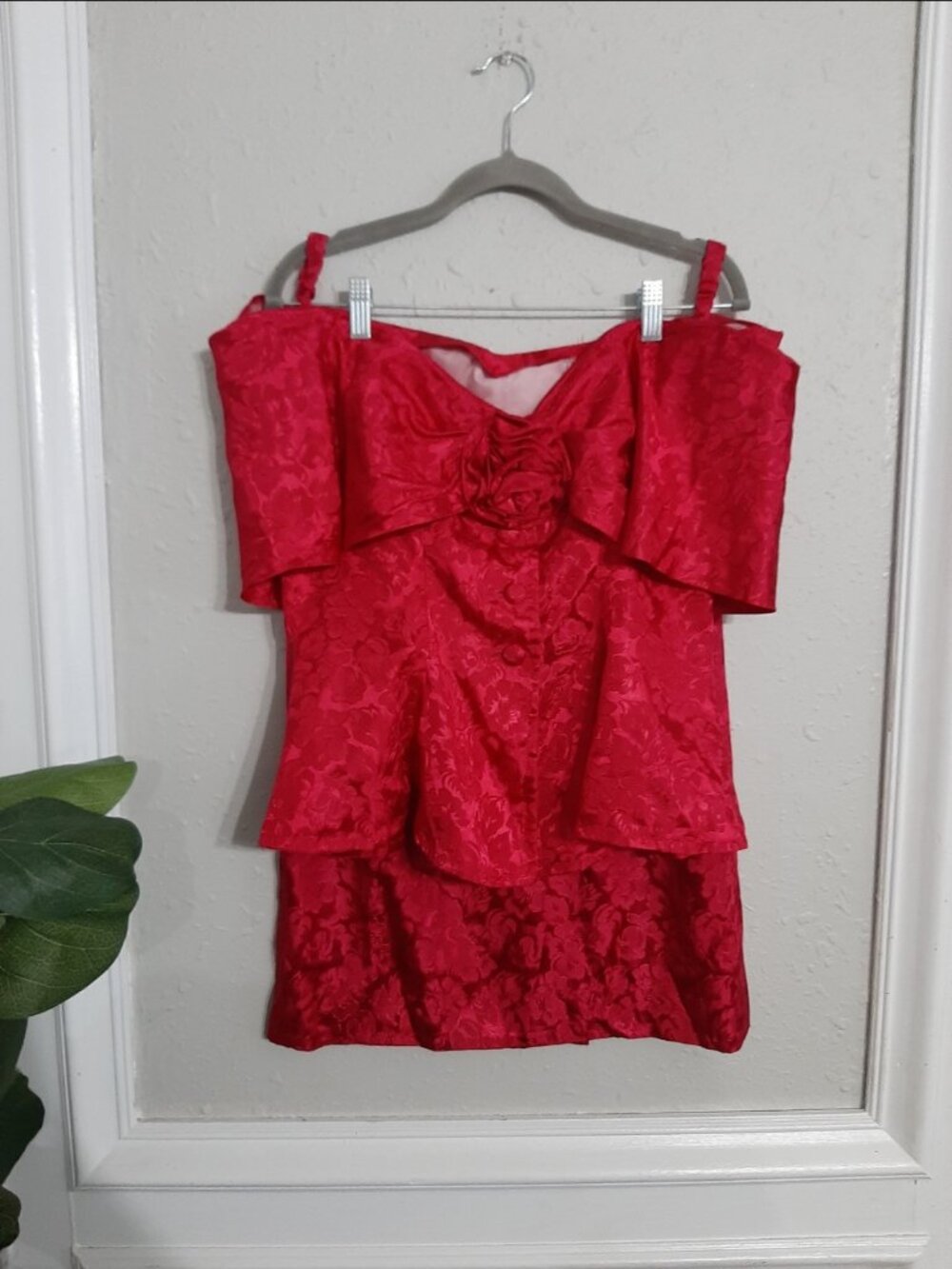 Vintage 80s 90s hot pink 2 piece dress set party cocktail skirt and top rosette